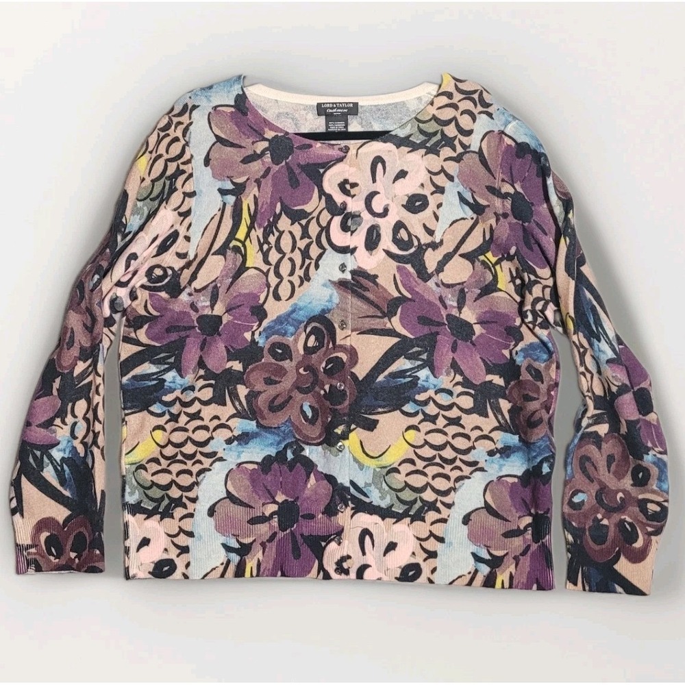 Vtg Lord & Taylor 100% Cashmere Gorgeous Floral Button Up Cardigan Womens Sz 2x